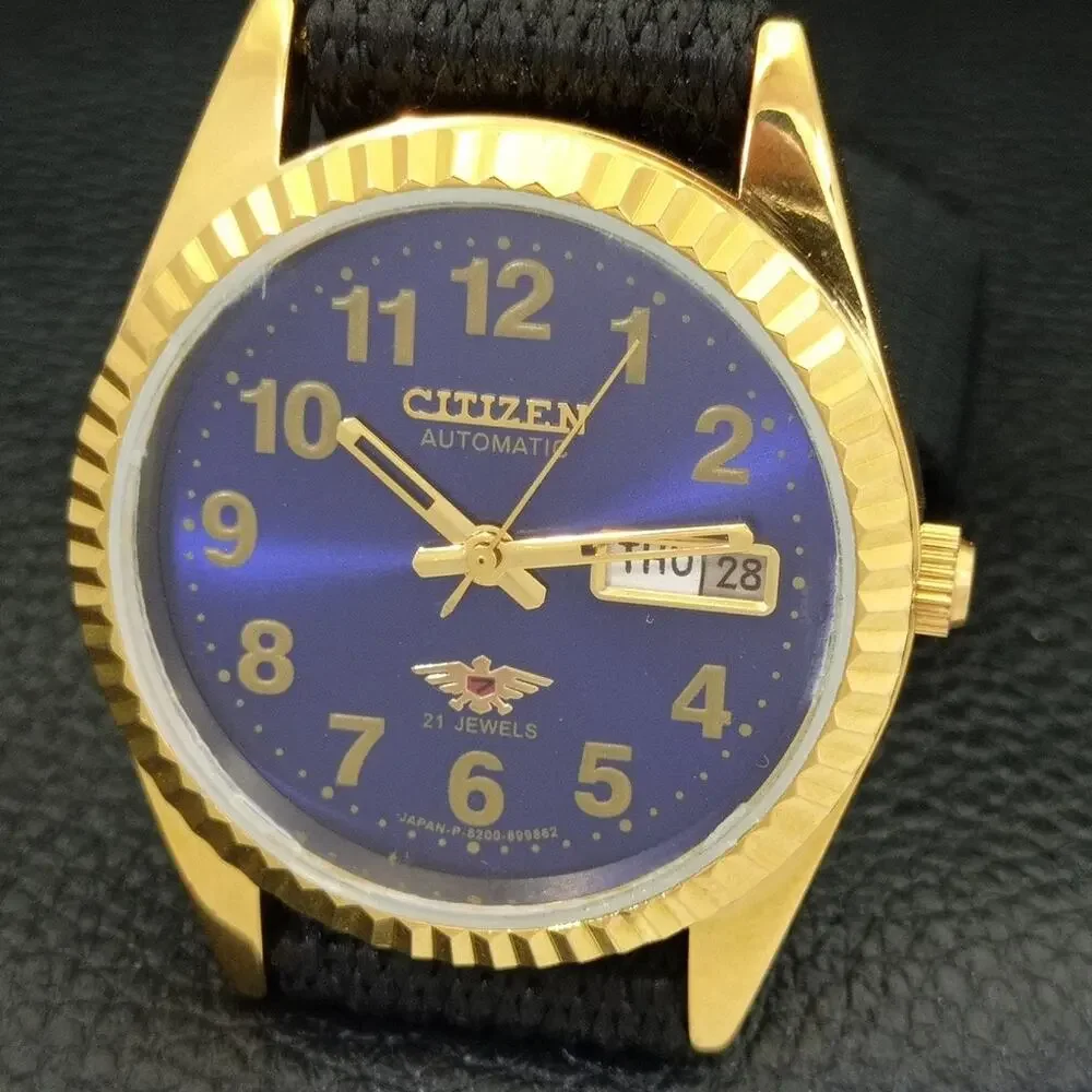 Vintage 1987 Citizen Automatic Mens Gold Watch W/daydate & Blue accents